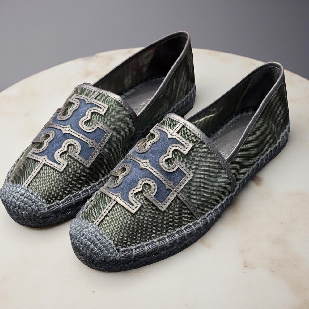 Tory Burch Ines Espadrille Loafers Womens Size 6 Navy Malachite Slip On Flats - Picture 1 of 8
